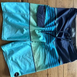 O’Neill Blue & Black Stripe Surf Trunks Board Shirts Size 28